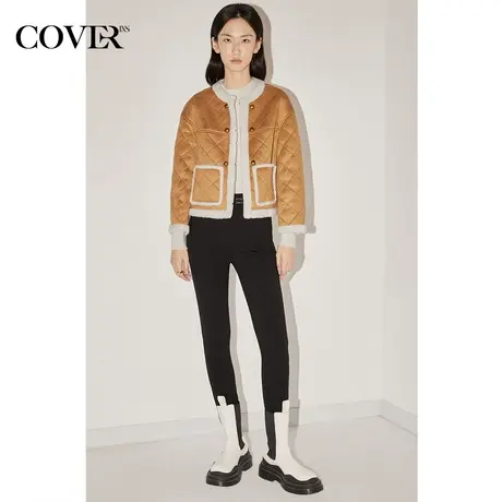 COVER冬季时尚棱形格间线绣花工艺羊毛绒短外套女装商品大图