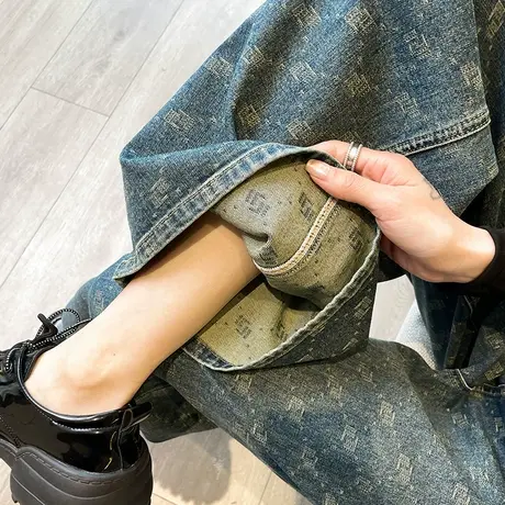 高街提花阔腿牛仔裤女2024年春秋新款高腰显瘦直筒宽松垂感拖地裤商品大图