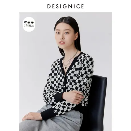 迪赛尼斯春秋新款时尚复古棋盘格黑白洋气通勤短针织开衫女外套图片