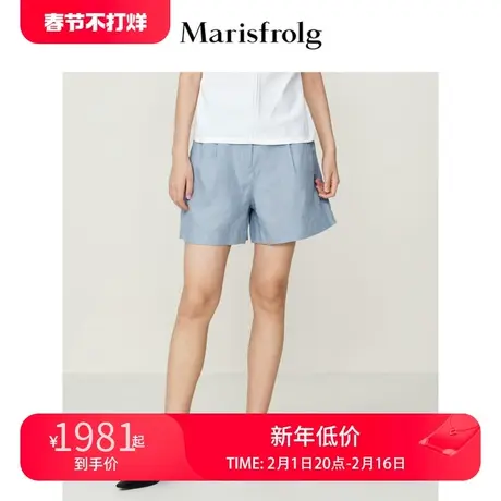 【进口色织面料】玛丝菲尔夏季新款透气普蓝色绑带休闲短裤女商品大图