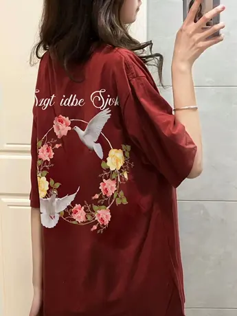 酒红色纯棉重磅短袖t恤女夏季小个子美式复古宽松上衣小众设计感商品大图