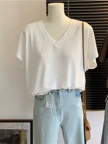日系v领白色简约纯色短袖t恤棉质女夏学院风百搭打底衫松弛感上衣商品大图