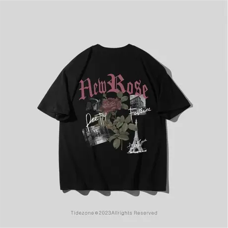 Ohlyah潮牌植物花卉高街复古哥特玫瑰印花短袖男女同款纯棉半袖图片