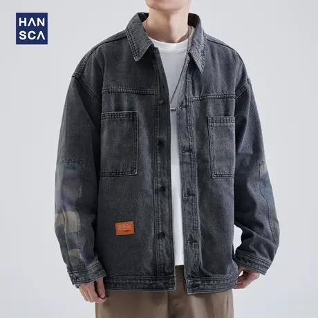 hansca拼接牛仔夹克男休闲翻领秋季新款潮牌痞帅宽松复古开衫外套商品大图