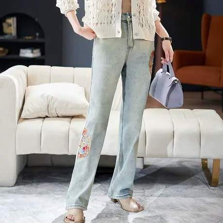 宝诗黎亮丝刺绣拼接牛仔裤2024春季新款洋气显瘦直筒高腰长裤女商品大图