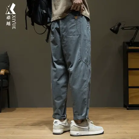 希越纯棉薄款灰色锥形裤男士2024春季宽松大码美式工装直筒萝卜裤商品大图