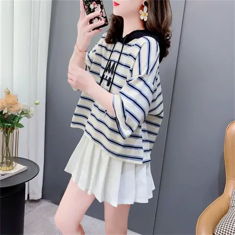 条纹连帽短袖T恤女夏季2023年新款韩版宽松短款小个子刺绣上衣ins商品大图