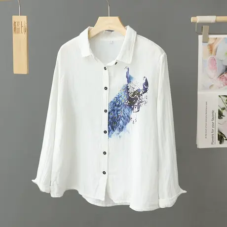 双层棉纱印花长袖衬衫女春季2024新款复古国风百搭衬衣打底衫上衣商品大图