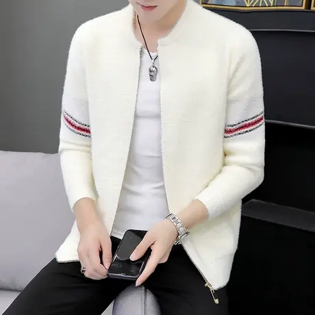 仿貂绒外套男秋冬季加厚保暖上衣潮针织衫夹克棒球服韩版开衫毛衣商品大图