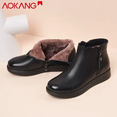 奥康棉鞋女新款真皮软皮休闲中老年妈妈皮棉鞋加绒保暖牛皮女棉鞋商品大图