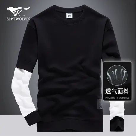 七匹狼狼族部落男装春秋季薄款圆领假两件套头卫衣青年休闲卫衣潮图片