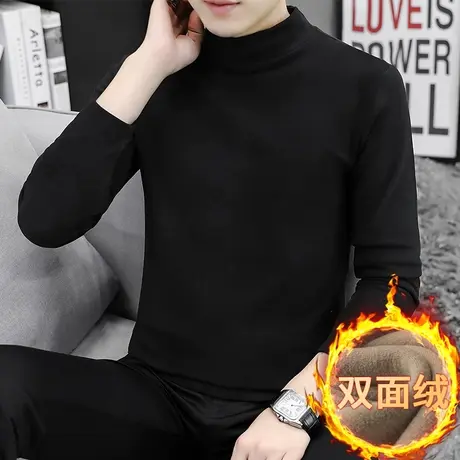 长袖t恤男双面德绒打底衫半高领纯色秋冬季加绒保暖内搭中领秋衣图片