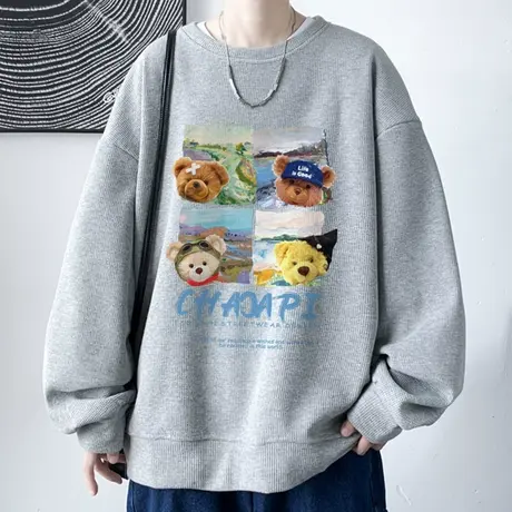 小熊卫衣男款春秋季潮牌圆领打底衫T设计感小众青少年百搭长袖t恤商品大图