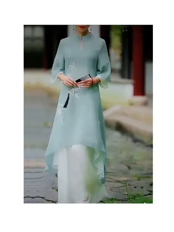 素飞竹沁汉服女中国风改良旗袍日常可穿禅意茶服仙气飘逸雪纺裙夏商品大图
