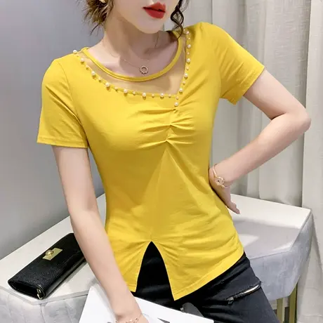 女装2023新款潮不规则开叉T恤女夏性感镂空上衣洋气质手工钉珠t桖图片