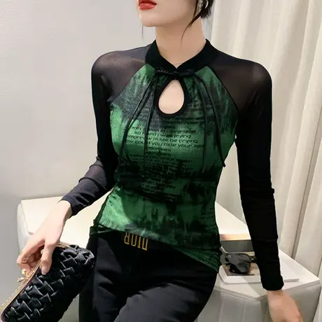 时尚网纱拼接T恤女长袖复古印花气质上衣内搭性感镂空打底衫春秋图片