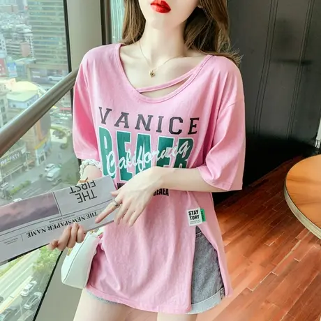 纯棉短袖t恤女2023年夏季新款设计感小众中长款开叉宽松上衣ins潮商品大图