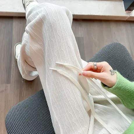 米白色雪尼尔阔腿裤女春秋高腰垂感宽松显瘦休闲灯芯绒提花直筒裤商品大图