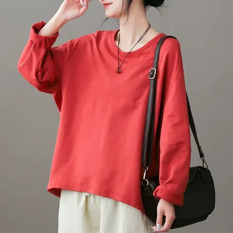 dza 纯色全棉圆领长袖t恤女士2023春宽松打底衫休闲套头内搭上衣商品大图