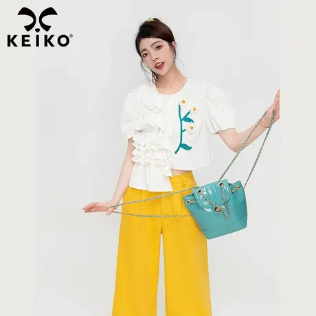 KEIKO 褶皱花边白色短款上衣夏日小清新扎花娃娃衬衫别致漂亮小衫商品大图