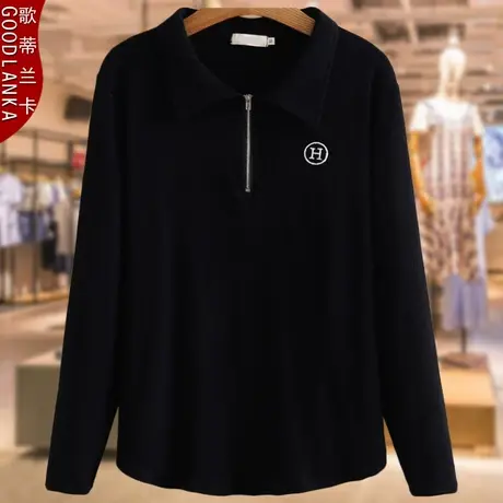 加肥加大码女装长袖T恤宽松遮肉洋气时尚中年40岁妈妈POLO领上衣商品大图