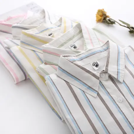 文艺小清新竖条纹衬衫女宽松休闲长袖洋气纯棉2020年秋季打底衬衣图片