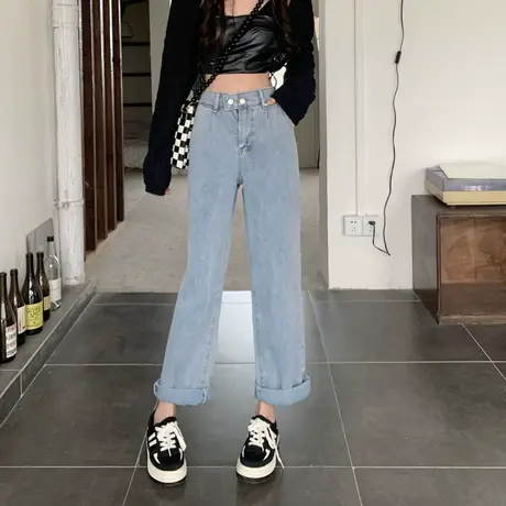 牛仔阔腿裤子女高街潮ins春秋设计感小众宽松高腰直筒显瘦老爹裤图片