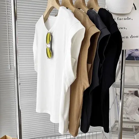 纯棉夏装小飞袖T恤上衣女韩版百搭宽松显瘦纯色简约短袖体恤ins潮商品大图