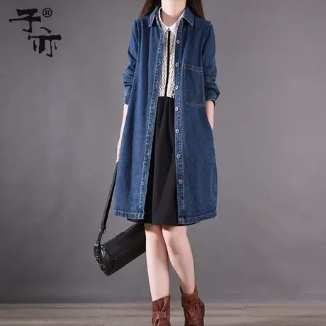 2023春秋新款宽松多码单排扣纯色中长款长袖牛仔衬衫风衣外套图片