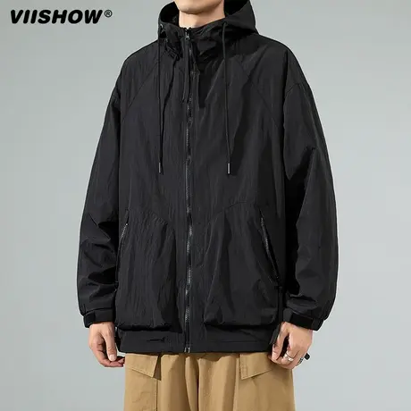 VIISHOW夹克外套男士纯色连帽春秋季新款美式宽松潮流休闲冲锋夹商品大图