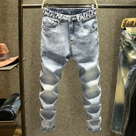 2023新款夏季牛仔裤男潮牌嘻哈痞帅修身小脚裤子弹力卷边男裤薄款商品大图