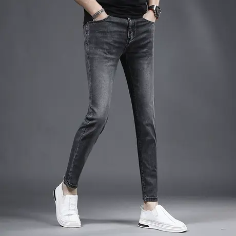 黑色冰丝牛仔裤男士九分裤夏季薄款修身小脚裤潮牌休闲9分裤子男商品大图