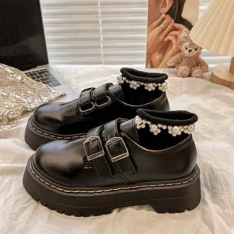 甜酷皮带扣松糕厚底单鞋2023新款增高复古正装乐福鞋大头小皮鞋女商品大图