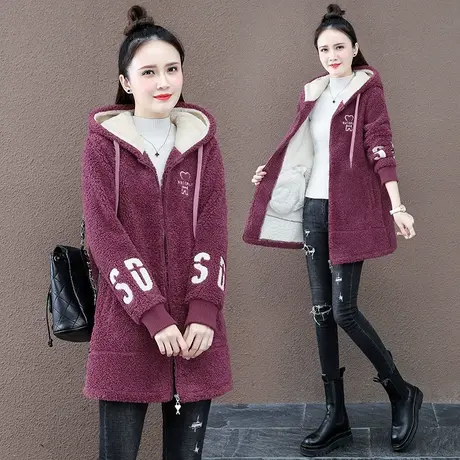 羊羔绒外套女秋冬季时尚中长款加绒加厚连帽卫衣开衫洋气毛毛大衣商品大图