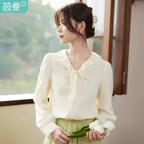 茵曼白色v领衬衫女士2023年秋季新款长袖系带衬衣气质上衣小个子商品大图