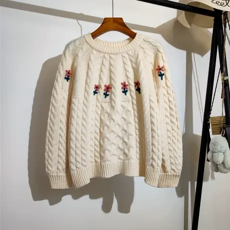 麻花毛衣女套头秋冬新款宽松法式甜美刺绣花朵软糯针织衫上衣外穿商品大图