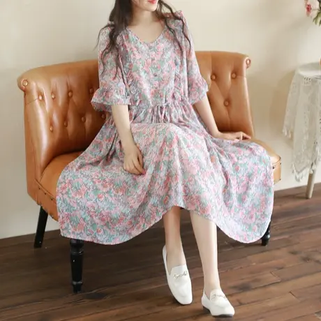 胖妹妹复古油画设计感印花连衣裙加大码2023夏装新款长裙200斤女商品大图