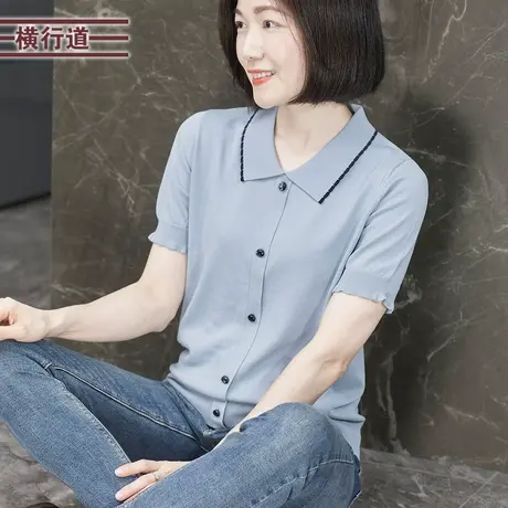 2025夏季新款韩版纯色简约翻领撞色宽松针织短袖女装上衣大码外穿商品大图