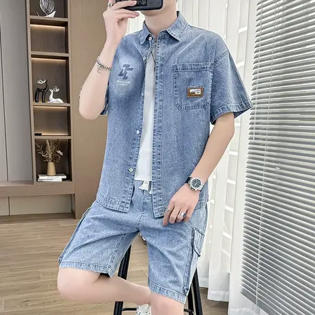 牛仔衬衫男外套夏季潮牌青少年翻领薄款纯色休闲运动短袖短裤套装图片
