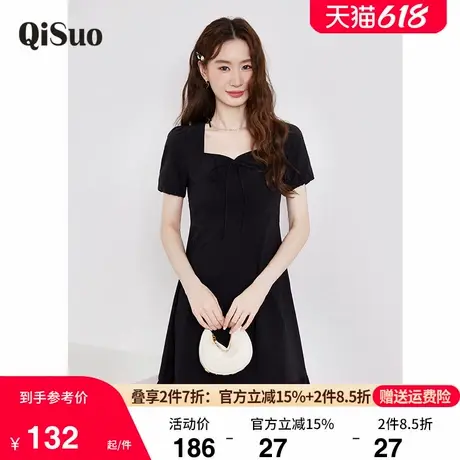 绮娑大码连衣裙夏装新款方领法式气质短袖A字收腰显瘦胖MM小黑裙商品大图