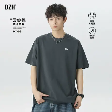 男士刺绣t恤男美式透气夏季半袖上衣深灰色短袖圆领体恤2025新款商品大图
