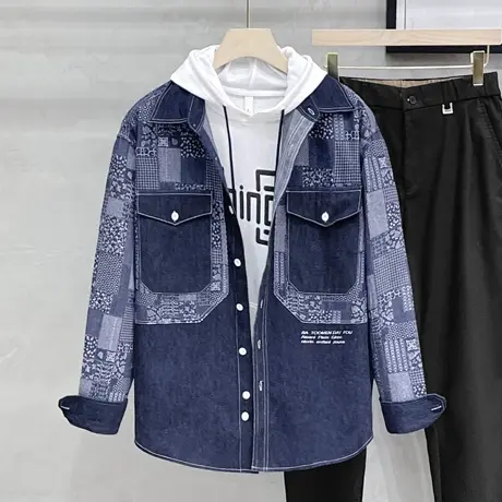 设计感牛仔拼接撞色印花衬衫夹克男日系潮流秋季休闲长袖衬衣外套商品大图