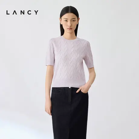 LANCY/朗姿2024夏季新款提花短袖针织衫简约修身百搭薄款上衣女图片