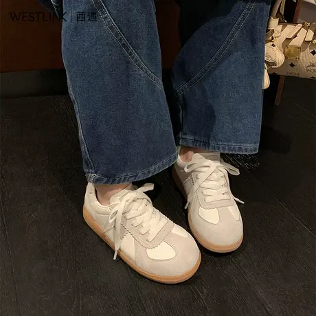 西遇米白色德训鞋女2025春季新款厚底休闲运动鞋系带小白鞋板鞋子图片