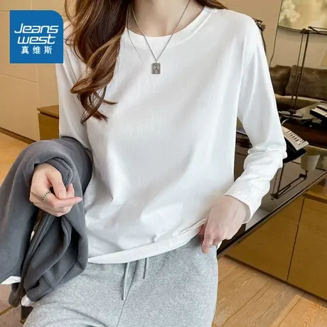 KHV真维斯纯棉内搭长袖t恤女2025新款春秋小个子打底外穿白色上衣商品大图