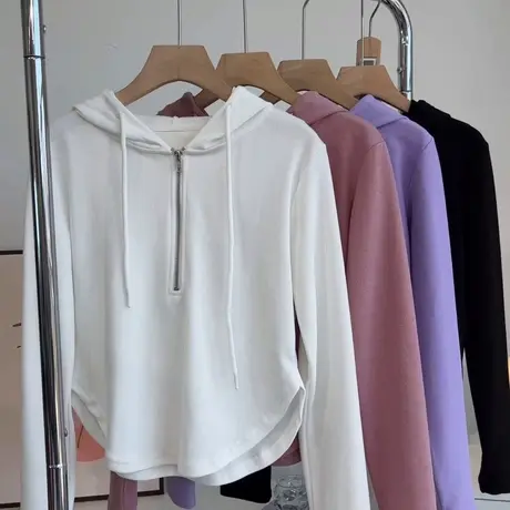 修身短款连帽薄卫衣女春秋季2023新个性拉链套头长袖运动休闲上衣商品大图
