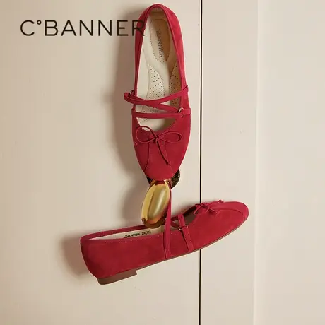 千百度薄底芭蕾德训鞋女秋季新款蝴蝶结羊皮运动玛丽珍单鞋图片