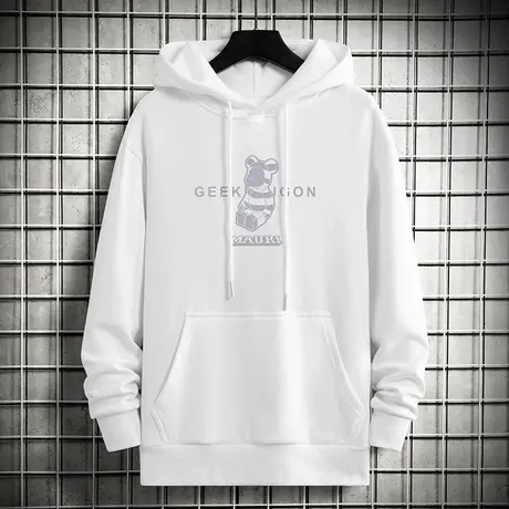 连帽卫衣男士春秋款宽松潮流白色小熊外套加绒长袖带帽衫休闲百搭商品大图