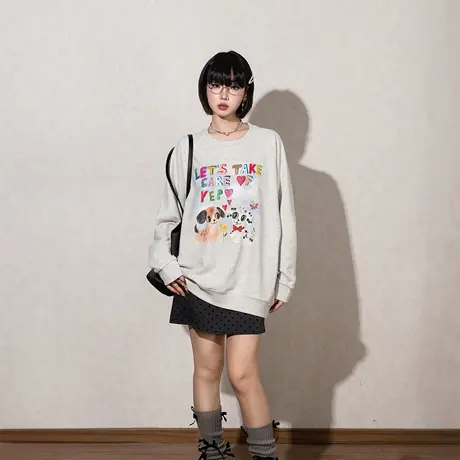 YEP韩系卡通印花圆领卫衣女春秋新款套头宽松复古插肩袖五毛上衣商品大图