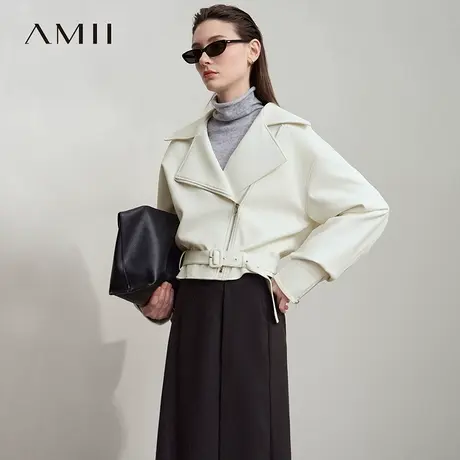 Amii2025秋新款极简宽松短款环保皮革PU皮配腰带斜拉链皮衣女图片